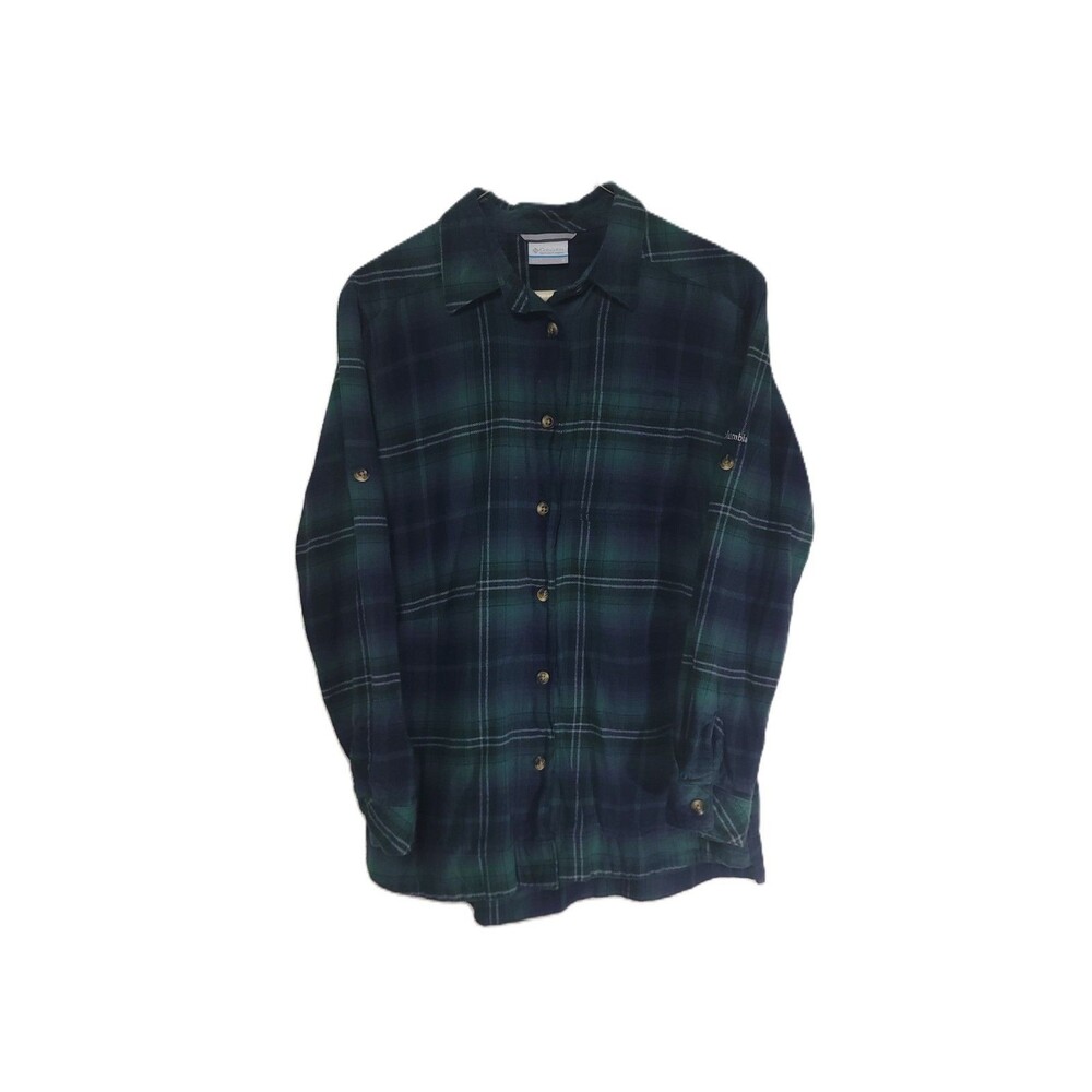 Columbia Holly Hideaway Flannel Shirt Womens S Green Plaid Button Up Long Sleeve